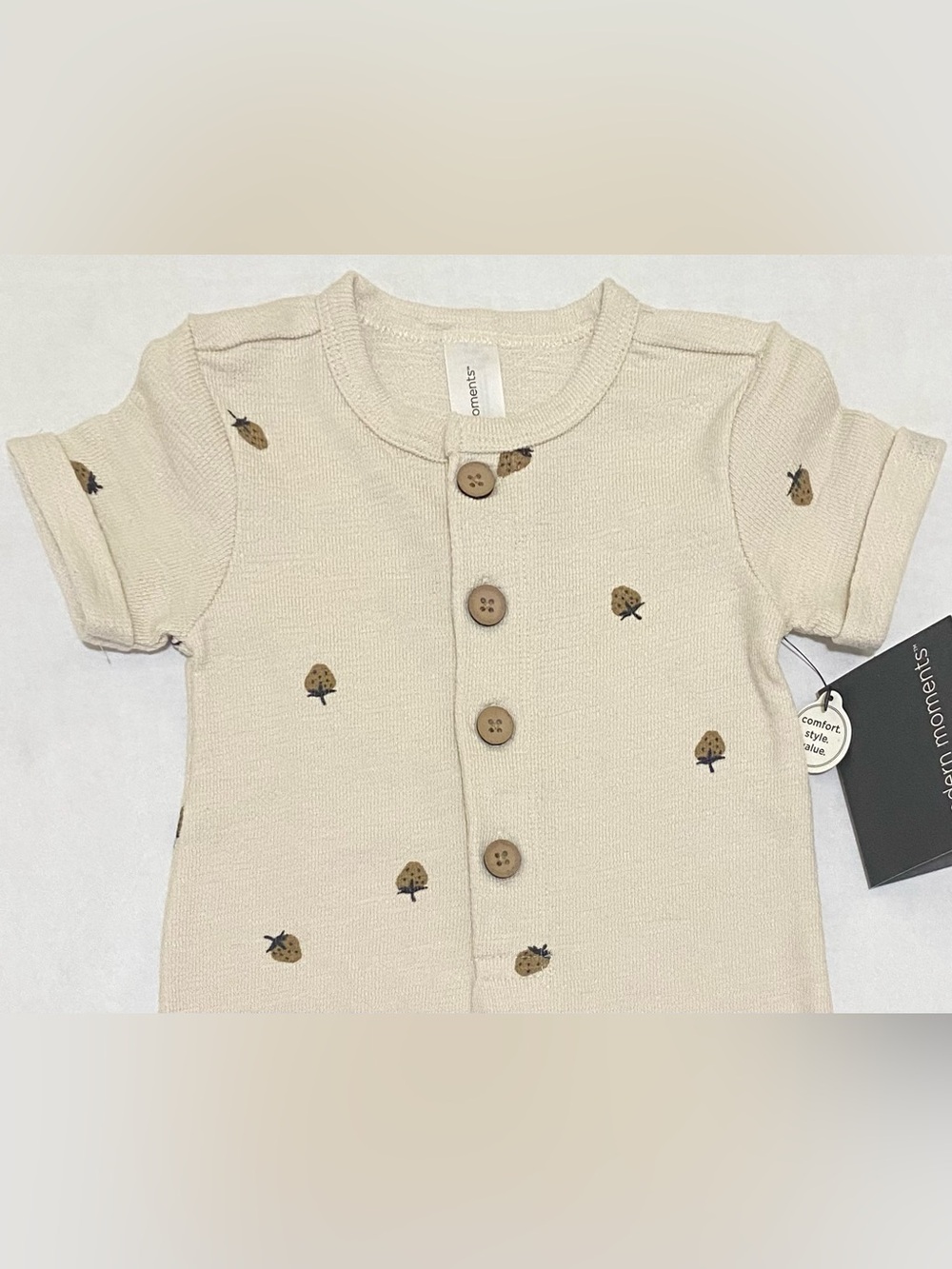 Modern Moments Girls 3-6M Tan Strawberry Cotton Henley Romper Boho Lightweight - Picture 6 of 15